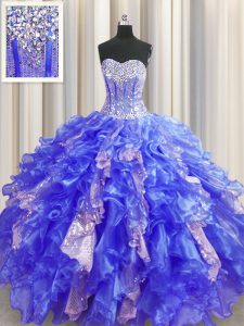 Spectacular Visible Boning Organza and Sequined Sweetheart Sleeveless Lace Up Beading and Ruffles and Sequins Quinceanera Dress in Royal Blue