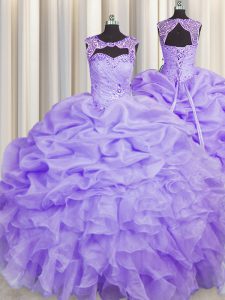 Shining Lavender Sweet 16 Quinceanera Dress Military Ball and Sweet 16 and Quinceanera with Beading and Pick Ups Scoop Sleeveless Lace Up