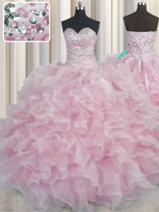 Glittering Bling-bling Pink Lace Up Sweet 16 Quinceanera Dress Beading and Ruffles Sleeveless Floor Length