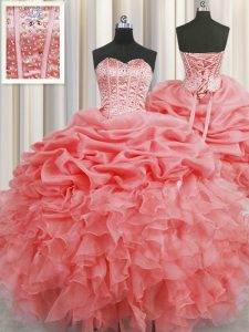 New Arrival Visible Boning Organza Sleeveless Floor Length Quinceanera Dresses and Beading and Ruffles and Pick Ups