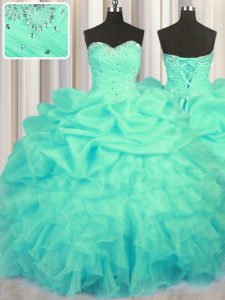Artistic Turquoise Sweetheart Neckline Beading and Ruffles and Ruching and Pick Ups Quinceanera Dresses Sleeveless Lace Up