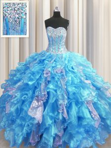 Popular Visible Boning Baby Blue Sweetheart Lace Up Beading and Ruffles and Sequins Quinceanera Gowns Sleeveless