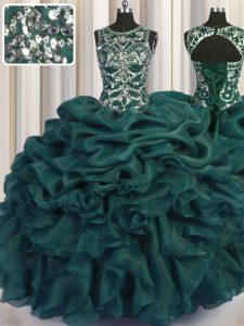 See Through Teal Scoop Neckline Beading and Sequins and Pick Ups Sweet 16 Dress Sleeveless Lace Up