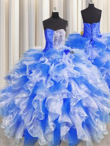 Superior Blue And White Sleeveless Floor Length Beading and Ruffles and Ruching Lace Up 15th Birthday Dress