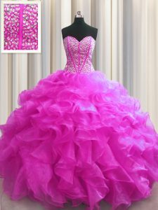 Adorable Visible Boning Fuchsia Sleeveless Organza Lace Up Sweet 16 Dresses for Military Ball and Sweet 16 and Quinceanera