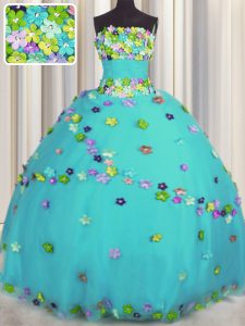 Floor Length Lace Up Quinceanera Gowns Aqua Blue for Military Ball and Sweet 16 and Quinceanera with Hand Made Flower