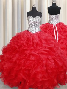 Red Sweetheart Neckline Beading and Ruffles Ball Gown Prom Dress Sleeveless Lace Up