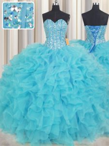 Visible Boning Baby Blue Sleeveless Floor Length Beading and Ruffles Lace Up 15th Birthday Dress