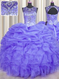 Smart See Through Floor Length Lavender Sweet 16 Quinceanera Dress Scoop Sleeveless Lace Up