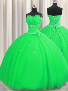 Beauteous Handcrafted Flower Green Sleeveless Floor Length Beading and Sequins and Hand Made Flower Lace Up Quince Ball Gowns