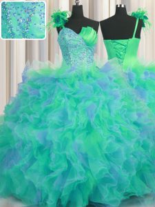 Handcrafted Flower Tulle One Shoulder Sleeveless Lace Up Beading and Ruffles and Hand Made Flower Quince Ball Gowns in Multi-color