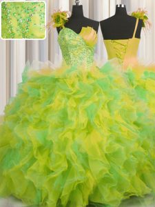 Top Selling Handcrafted Flower Floor Length Multi-color 15th Birthday Dress One Shoulder Sleeveless Lace Up