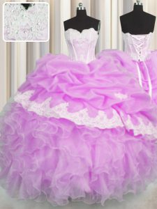 Popular Sleeveless Floor Length Beading and Appliques and Ruffles and Pick Ups Lace Up Vestidos de Quinceanera with Lilac