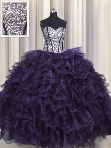 Sequins Visible Boning Floor Length Ball Gowns Sleeveless Purple Vestidos de Quinceanera Lace Up