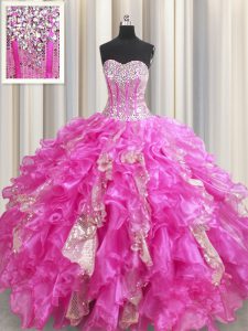 Visible Boning Beading and Ruffles and Sequins Quinceanera Dresses Fuchsia Lace Up Sleeveless Floor Length