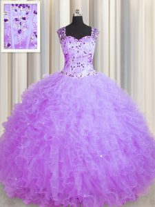 Simple See Through Zipper Up Purple Square Neckline Beading and Ruffles Quinceanera Gown Sleeveless Zipper