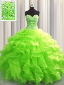 Extravagant Visible Boning Organza Sleeveless Floor Length Ball Gown Prom Dress and Beading and Ruffles