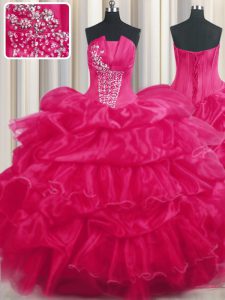 Hot Pink Strapless Lace Up Beading and Ruffled Layers and Pick Ups Sweet 16 Dress Sleeveless