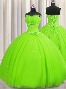 Handcrafted Flower Ball Gowns Strapless Sleeveless Tulle Floor Length Lace Up Beading and Sequins and Hand Made Flower Quince Ball Gowns