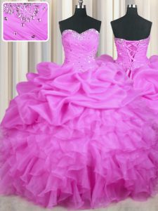 Lilac Sleeveless Beading and Ruffles and Sequins and Ruching Floor Length 15th Birthday Dress
