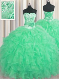 Handcrafted Flower Apple Green Ball Gowns Organza Sweetheart Sleeveless Beading and Ruffles and Hand Made Flower Floor Length Lace Up Quinceanera Dresses