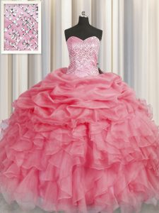 Floor Length Lace Up Quinceanera Dress Coral Red for Military Ball and Sweet 16 with Beading and Ruffles