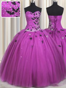 Fantastic Ball Gowns Sweet 16 Quinceanera Dress Fuchsia Sweetheart Tulle Sleeveless Floor Length Lace Up