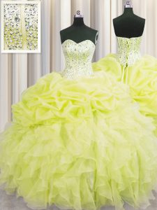 Charming Visible Boning Yellow Quinceanera Dress Military Ball and Sweet 16 and Quinceanera with Beading and Ruffles Sweetheart Sleeveless Lace Up