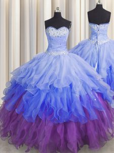 Beautiful Multi-color Ball Gowns Organza Sweetheart Sleeveless Beading and Ruffles and Ruffled Layers and Sequins Floor Length Zipper Quinceanera Gowns