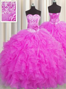 Handcrafted Flower Sleeveless Beading and Ruffles and Hand Made Flower Lace Up Sweet 16 Dress