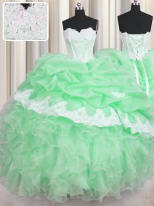 Hot Selling Green Sweetheart Neckline Beading and Appliques and Ruffles and Pick Ups Ball Gown Prom Dress Sleeveless Lace Up