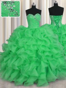 Gorgeous Green Quinceanera Dresses Military Ball and Sweet 16 and Quinceanera with Beading and Ruffles Sweetheart Sleeveless Lace Up