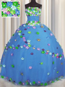 Blue Strapless Neckline Hand Made Flower Sweet 16 Quinceanera Dress Sleeveless Lace Up