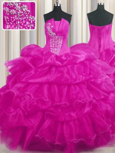 Hot Pink and Fuchsia Strapless Lace Up Beading and Ruffled Layers and Pick Ups Ball Gown Prom Dress Sleeveless