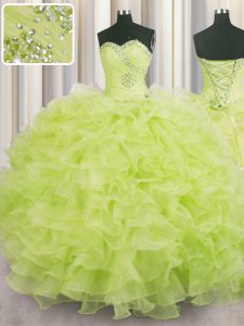Yellow Green Sweetheart Neckline Beading and Ruffles 15 Quinceanera Dress Sleeveless Lace Up