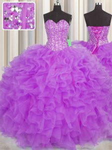 Amazing Visible Boning Purple Ball Gowns Beading and Ruffles and Sashes ribbons 15th Birthday Dress Lace Up Organza Sleeveless Floor Length