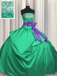 Green Satin Lace Up Quinceanera Gowns Sleeveless Floor Length Beading and Pick Ups and Bowknot