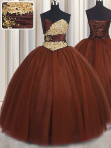 Burgundy Tulle Lace Up Sweetheart Sleeveless Floor Length Vestidos de Quinceanera Beading and Appliques