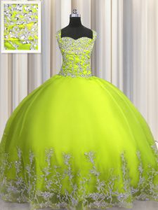 Suitable Straps Sleeveless Tulle Quinceanera Gown Beading and Appliques Lace Up