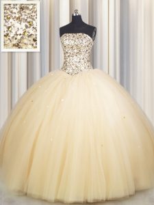 Sequins Really Puffy Ball Gowns Sweet 16 Dress Gold Strapless Tulle Sleeveless Floor Length Lace Up