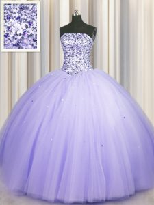 Hot Sale Puffy Skirt Lavender Tulle Lace Up Strapless Sleeveless Floor Length 15th Birthday Dress Beading and Sequins
