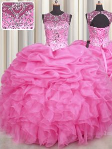 See Through Rose Pink Organza Lace Up Scoop Sleeveless Floor Length Quinceanera Dress Beading and Ruffles and Pick Ups