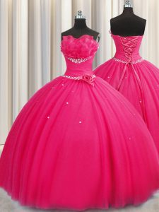 Handcrafted Flower Hot Pink Strapless Lace Up Beading and Sequins and Hand Made Flower Sweet 16 Dresses Sleeveless