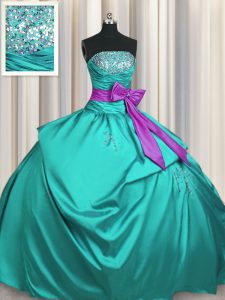 Fashionable Floor Length Lace Up Sweet 16 Dress Turquoise for Military Ball and Sweet 16 and Quinceanera with Beading and Ruching and Bowknot