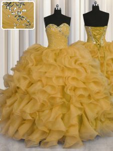 Gold Ball Gowns Beading and Ruffles 15 Quinceanera Dress Lace Up Organza Sleeveless Floor Length