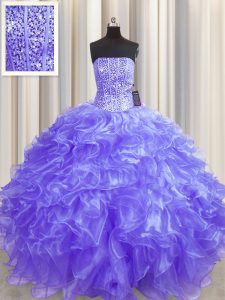 Visible Boning Lavender Ball Gowns Beading and Ruffles Quinceanera Gowns Lace Up Organza Sleeveless Floor Length