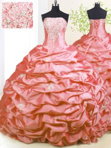 Sleeveless Taffeta With Train Sweep Train Lace Up Vestidos de Quinceanera in Pink with Beading and Pick Ups