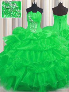 Green Sleeveless Floor Length Beading and Ruffled Layers and Pick Ups Lace Up Quince Ball Gowns
