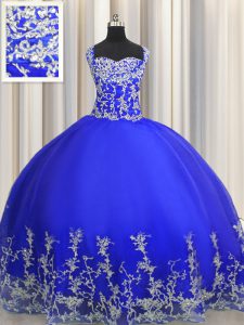 Glamorous Halter Top Sleeveless 15 Quinceanera Dress Floor Length Beading and Appliques Royal Blue Organza