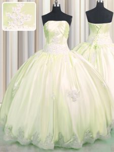 Captivating Taffeta Strapless Sleeveless Lace Up Beading and Appliques Quinceanera Gown in Light Yellow